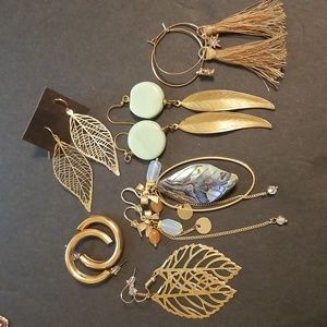 6 Pair Earring Lot Gold Tone Dangly Hoops Bulk Resellers Box